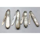 4 antique silver blades and mother of pearl handle fruit knives