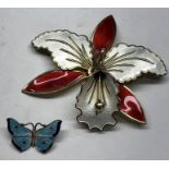 large Norway silver and enamel orchard brooch with a small silver and enamel butterfly brooch orcha