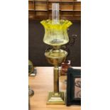 Victorian brass oil lamp , duplex burner etched yellow glass shade