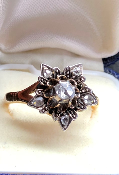 Antique rose diamond ring set with large central rose diamond that measures approx 5mm by 4mm with 4