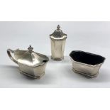 Silver walker and hall cruet set with blue glass liners Birmingham silver hallmarks