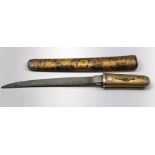 19th century Japanese tanto knife . lacquered scabbard & handle mounted with silver fittings blade l