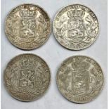 4 19th century silver Belgium 5 Franc coins 1871, 1872, 1868, and 1869