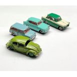 4 dinky vehicles cars triumph herald ,volkswagen ,ford anglia ,austin seven in good played with con