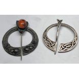 2 Vintage Scottish Sterling Silver Celtic Penannular Brooches 1 set with agate not hallmarked the o