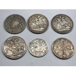 6 victorian and later silver coins includes 1902 crown ,1844,1891,1889 crowns 1888 double florin and