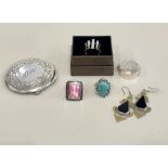 Selection of silver items compact rings pill box etc