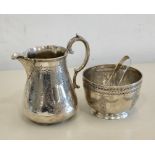 Antique silver milk jug , sugar bowl and sugar tongues