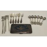 Selection of white metal forks spoons cigarette case etc