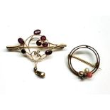 2 vintage 9ct gold stone set pin brooches one set with amethyst and seedpearls the other small diamo