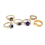 Collection of 6 gold rings includes 18ct gold band weight 2.4g and 5 9ct gold dress rings stone set