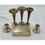 Collection of silver items to include silver dwarf candle sticks flower vases and cigarette box