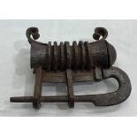 Indian hand-forged iron barrel lock (minus strip-key) for haveli/mansion doors. Vintage possibly ant