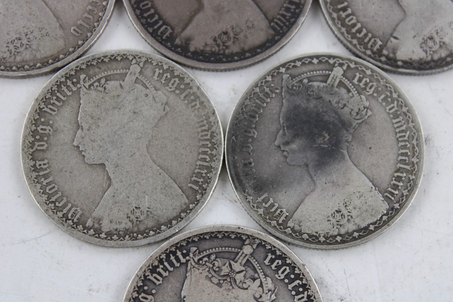 6 x British Victorian gothic florin silver coins (65g) - Image 3 of 7