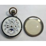 Gunmetal triple Calendar Moon phase Pocket Watch watch does not wind or ticks no warranty given gu