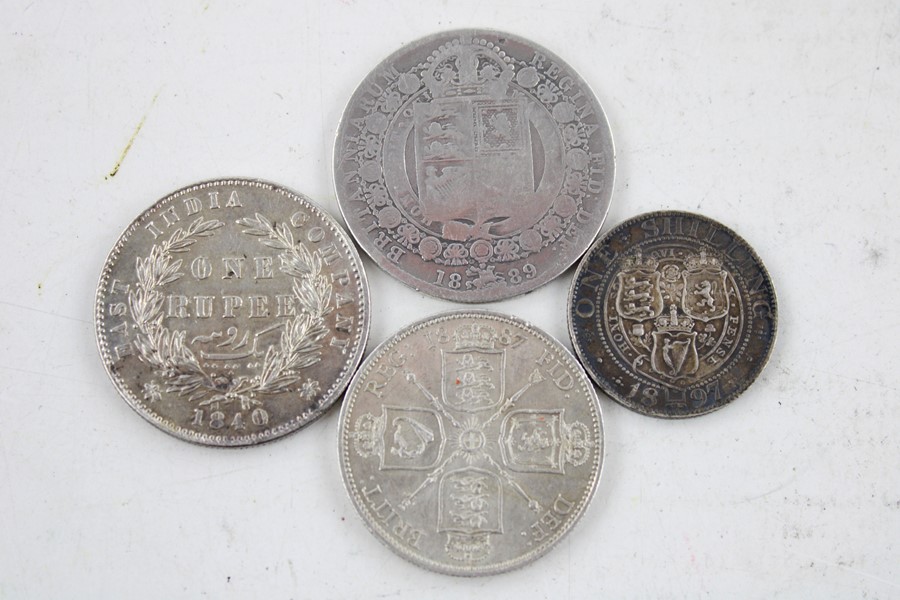 4 British Queen Victoria silver coins inc 1840 East India company one Rupee 1887 florin/ two shillin - Image 2 of 2