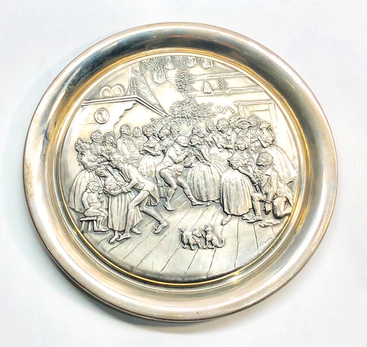 Signed embossed silver plate with scene of dancing dickens figures signed v.danks full silver hallma