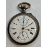 Centre second chronograph pocket watch does not tick when wound hands spin no warranty given gun me