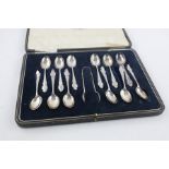 13 x Vintage hallmarked 925 silver spoons and sugar nips cased (168g) Items are in vintage condition
