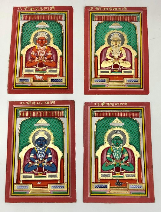 North Indian miniature paintings, Jaipur, of Jain Jinas seated on thrones, with identifying emblems - Image 3 of 4