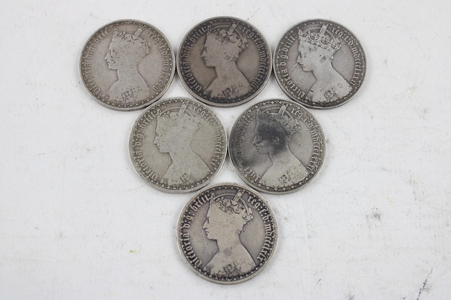 6 x British Victorian gothic florin silver coins (65g)
