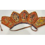 Tibetan or Nepalese monk’s ritual crown, painted wood block prints on hessian backed paper