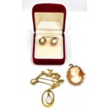 Selection of gold jewellery includes 18ct gold opal and diamond pendant and chain earrings and cameo