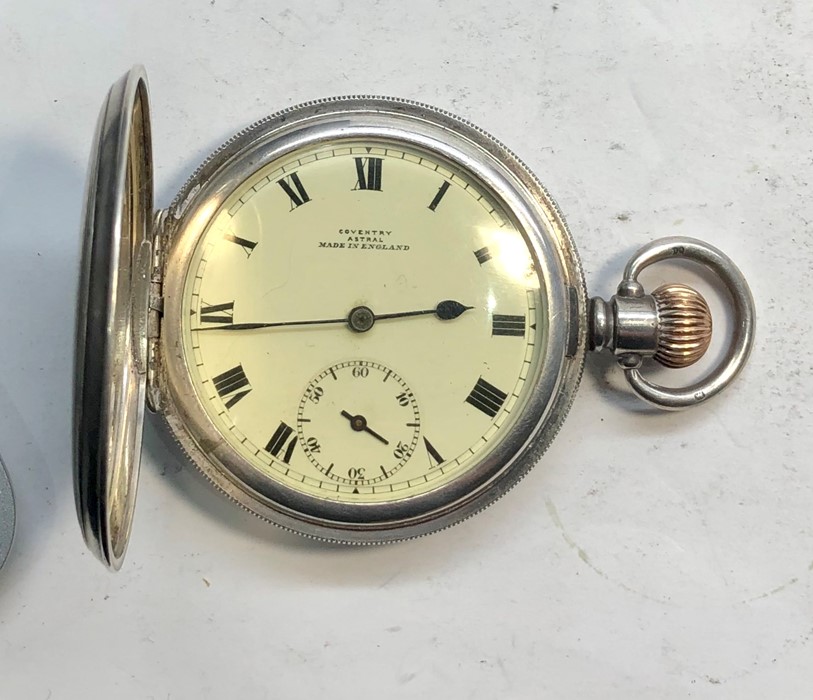Silver Coventry Astral full hunter pocket watch winds and ticks but no warranty given in good overal