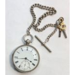 Silver fusee pocket watch and chain by j williams Cardiff winds and ticks but no warranty given in