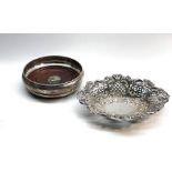 Silver sweet dish and silver bottle coaster both full silver hallmarks , coaster measures approx 14c