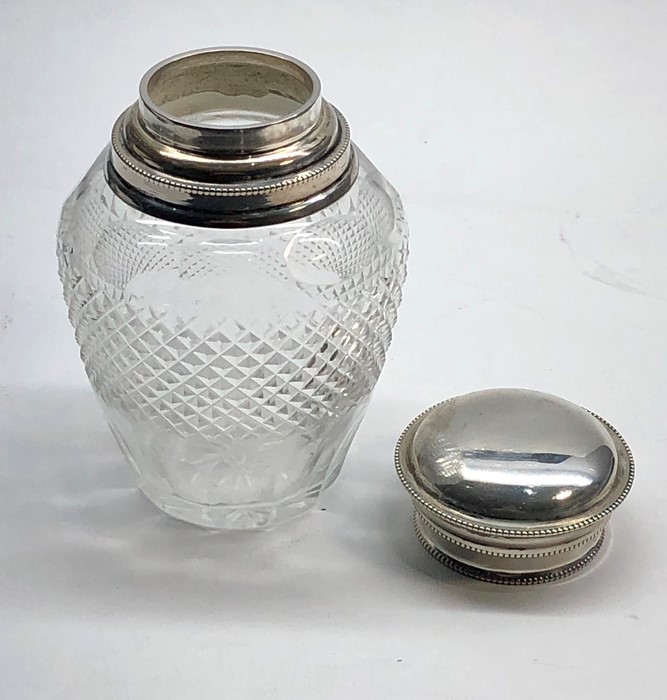 Continental silver top tea caddy cut glass bottle with silver top not hallmarked but acid tested as - Image 4 of 4