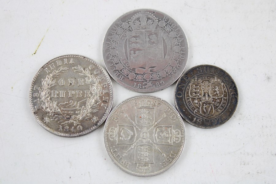 4 British Queen Victoria silver coins inc 1840 East India company one Rupee 1887 florin/ two shillin