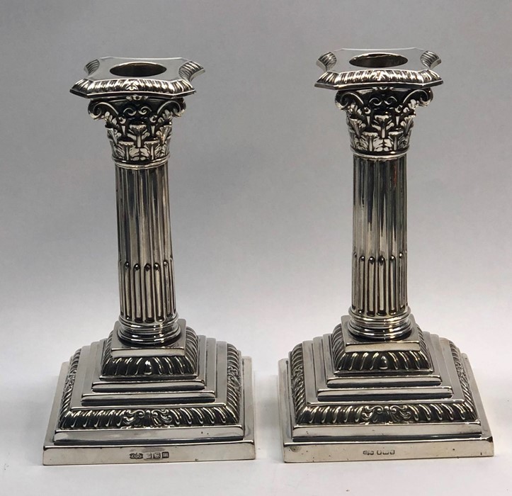 Pair of Antique Sheffield silver corinthian column candlesticks by james dixon & sons height 16cm - Image 2 of 5