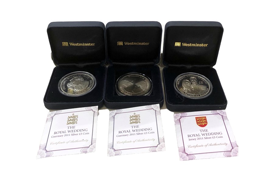 3 Boxed royal wedding silver proof 5 pound coins