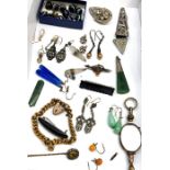 Selection of antique costume jewellery includes earrings banded agate buttons and studs etc