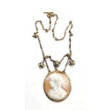 Victorian gold mounted cameo on chain fancy link chain set with seed-pearls