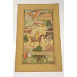 North Indian miniature painting, finely painted horse rider in tented encampment, probably a reprod