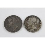 2 x Victorian crowns young head silver coins dated 1844 + 1845 (55g)