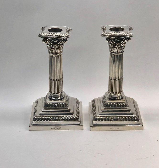 Pair of Antique Sheffield silver corinthian column candlesticks by james dixon & sons height 16cm - Image 3 of 5