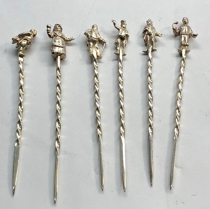 6 Hallmarked silver dickens cocktail sticks - Image 3 of 8