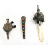 English or French white metal and mother of pearl baby’s rattle-whistle, another (minus handle), and
