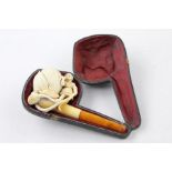 Vintage carved ornate Meerschaum estate pipe with amber stem, original fitted case