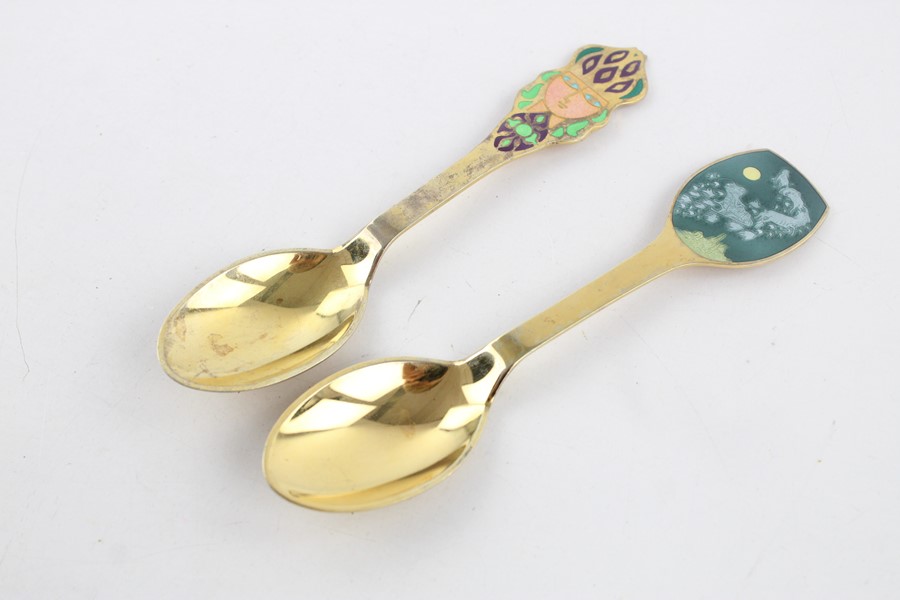 18164 2 x Vintage A.Michelsen danish silver gilt enamel Christmas spoons 86g Stamped July 1982 & 198