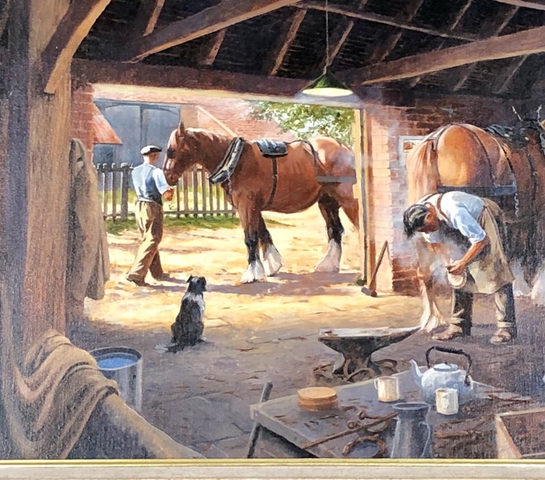 A Framed stable interior oil on canvas by stephen cummins 1943- meaures approx 60cm by 34cm - Image 3 of 4