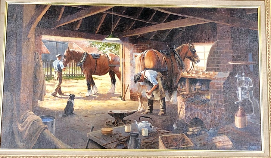 A Framed stable interior oil on canvas by stephen cummins 1943- meaures approx 60cm by 34cm - Image 2 of 4