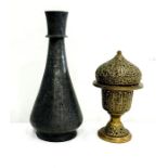 Indian Islamic pierced brass censer with lid, and an Indian metal hookah base