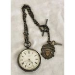 Silver j.w benson pocket watch with metal albert chain and silver fob