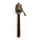 Tibet, Ladakh prayer wheel, repousse white metal and wood with prayer scroll within chamber.