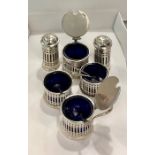6 piece silver cruet set blue glass liners