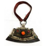 Tibetan flint pouch in leather, repousse white metal, and brass, iron, semi-precious stones and repl